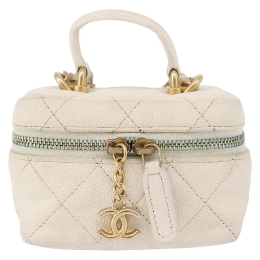 Chanel Top Handle Zip Around Vanity Case With Chain Quilted Caviar White Leather